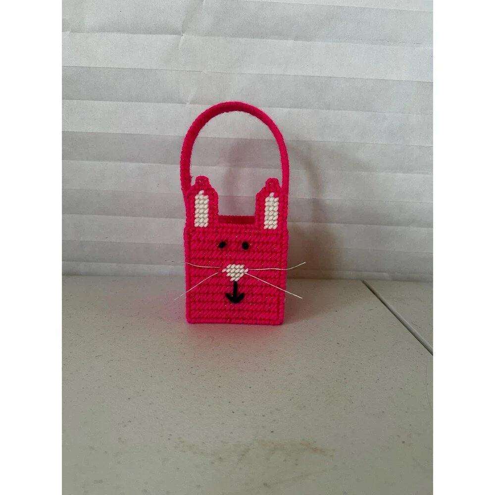 Mini Easter Basket with Magenta Sparkly Bunny – Colorful Plastic Canvas Handmade